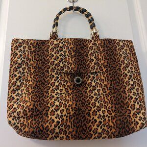 Leopard Animal Print Fabric Clutch Purse with Beaded Handle and Button Clasp